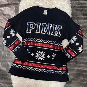 VS PINK BLACK FAIR ISLE WINTER SNOWFLAKE SEQUIN SWEATER PULLOVER LONG SLEEVE Y2K
